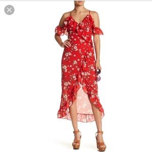 Red floral wrap dress